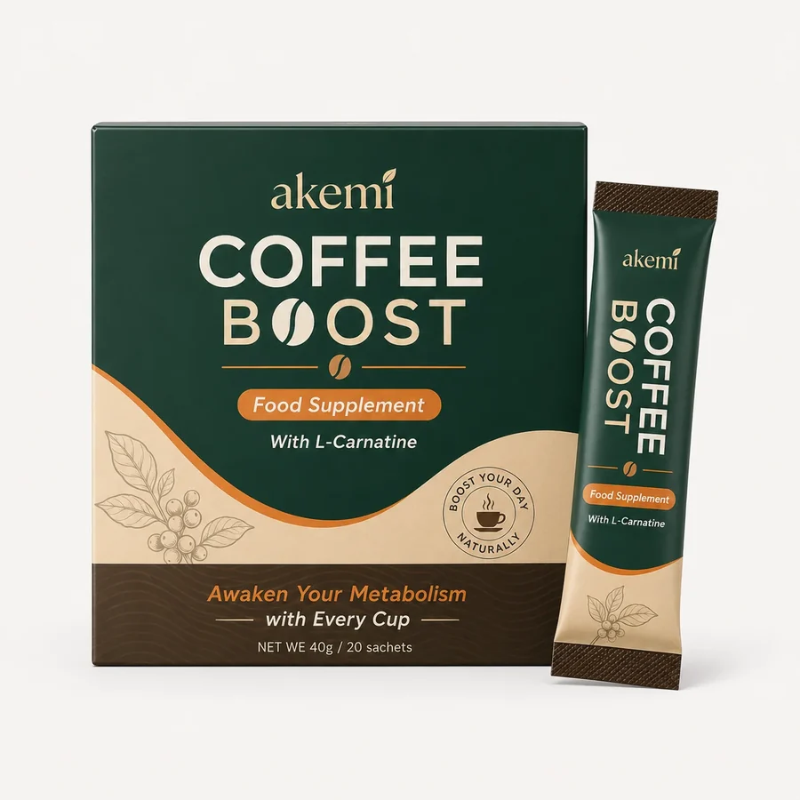 Akemi Coffee Boost &mdash; a box of 20 flavourless sachets and a single sachet