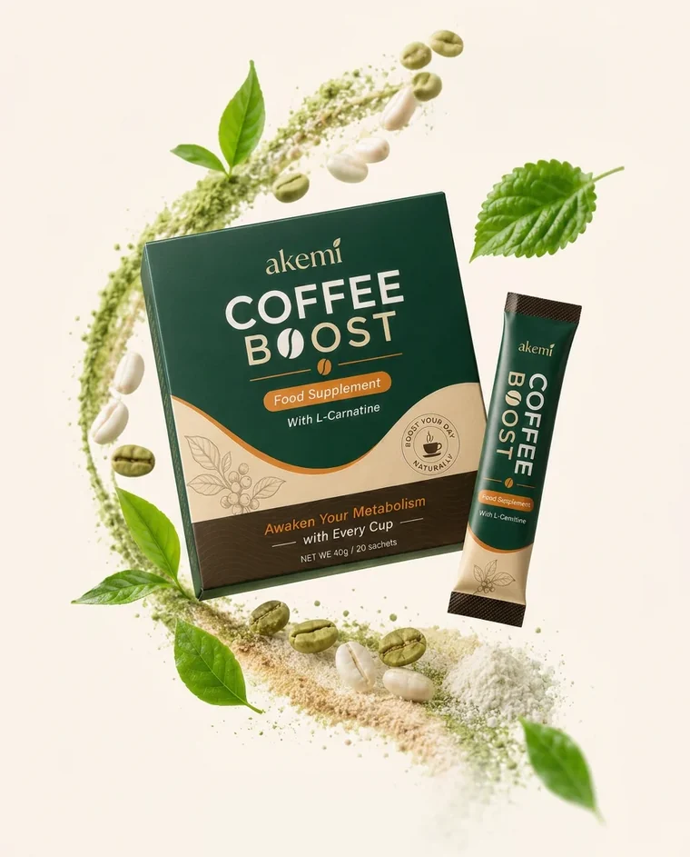 Akemi Coffee Boost box and sachet with green coffee beans, tea leaves and mulberry leaf